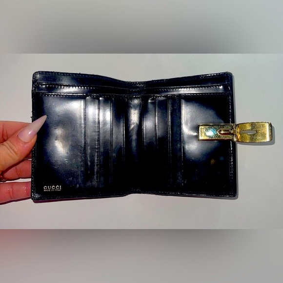 Gucci Wallet Unisex Patent Leather Double Snap Bifold with Gold G Clip Compact - Picture 3 of 10